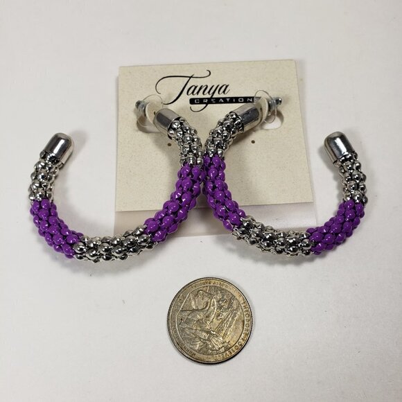 Silver tone and Purple beaded Half Hoop Teardrop Earrings - Picture 5 of 8